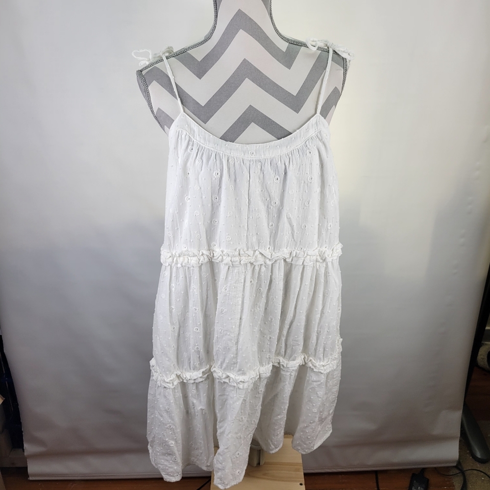 Loft White Eyelet Sundress Tie Shoulders Tiered Lined Size Large 100% Cotton